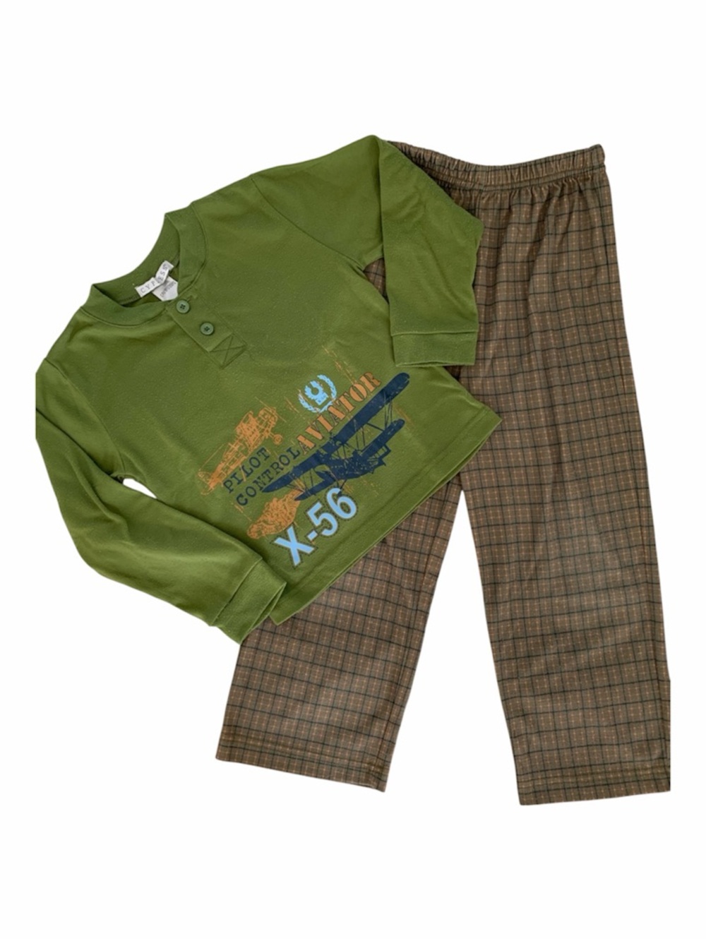Airplane Pajama Set Boys Size 5 Green Brown Plaid Henley Top Pants 2 PCS